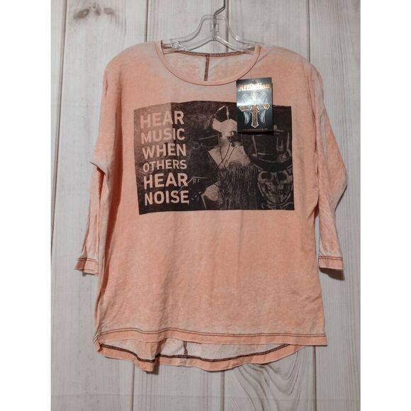 Affliction Shirt Ladies Extra Small Creed Burnout Doleman Sleeve‎ Peach Music - Picture 1 of 7